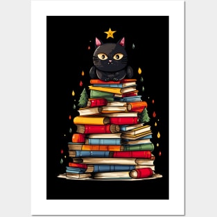 Black Cat Bookworm Christmas Tree Books Posters and Art